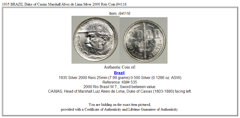 1935 BRAZIL Duke of Caxias Marshall Alvez de Lima Silver 2000 Reis Coin i94116