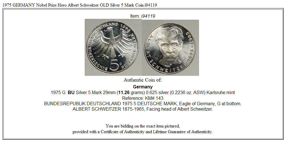 1975 GERMANY Nobel Prize Hero Albert Schweitzer OLD Silver 5 Mark Coin i94119