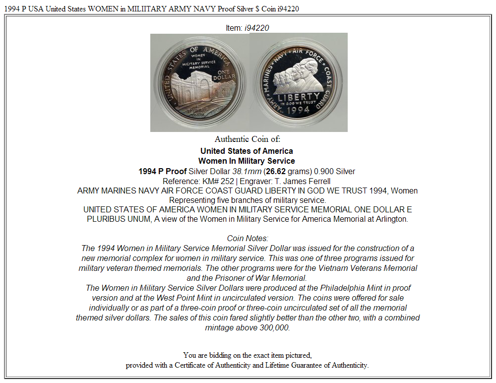 1994 P USA United States WOMEN in MILIITARY ARMY NAVY Proof Silver $ Coin i94220