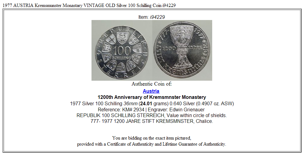 1977 AUSTRIA Kremsmunster Monastary VINTAGE OLD Silver 100 Schilling Coin i94229