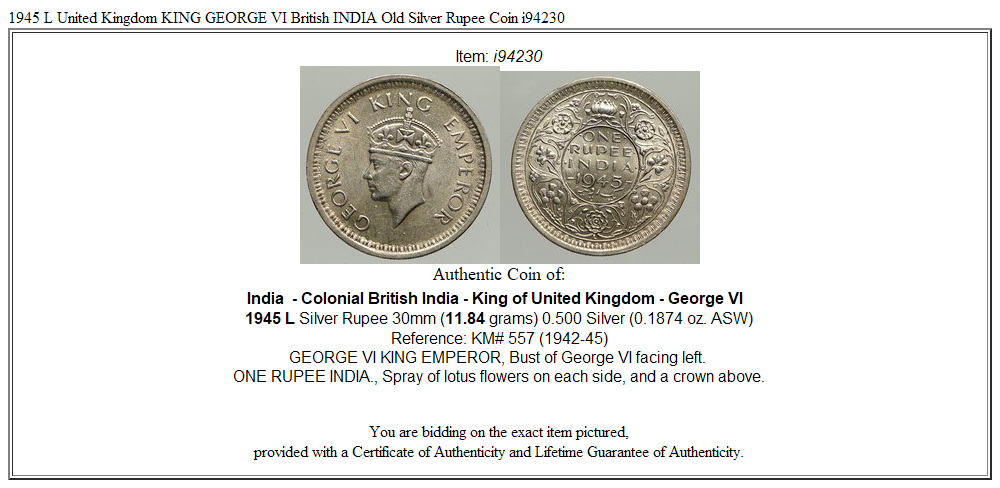 1945 L United Kingdom KING GEORGE VI British INDIA Old Silver Rupee Coin i94230