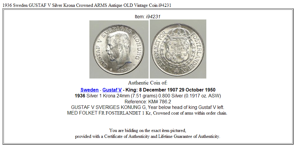 1936 Sweden GUSTAF V Silver Krona Crowned ARMS Antique OLD Vintage Coin i94231