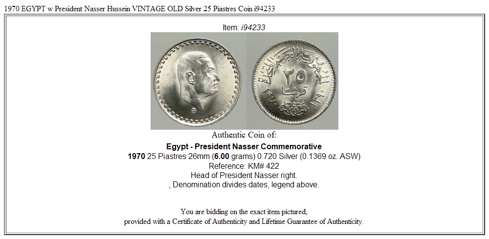 1970 EGYPT w President Nasser Hussein VINTAGE OLD Silver 25 Piastres Coin i94233