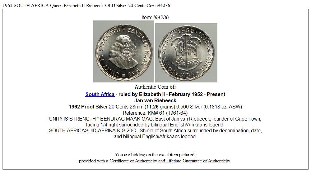 1962 SOUTH AFRICA Queen Elizabeth II Riebeeck OLD Silver 20 Cents Coin i94236