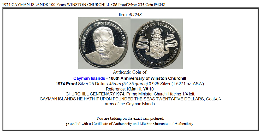 1974 CAYMAN ISLANDS 100 Years WINSTON CHURCHILL Old Proof Silver $25 Coin i94248