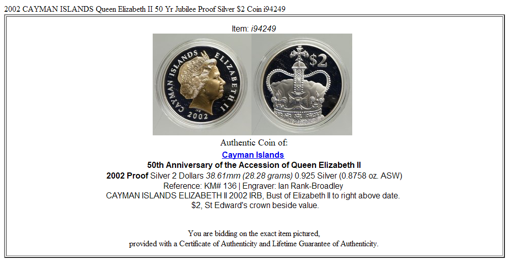 2002 CAYMAN ISLANDS Queen Elizabeth II 50 Yr Jubilee Proof Silver $2 Coin i94249