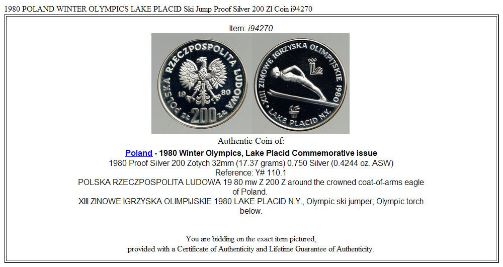 1980 POLAND WINTER OLYMPICS LAKE PLACID Ski Jump Proof Silver 200 Zl Coin i94270