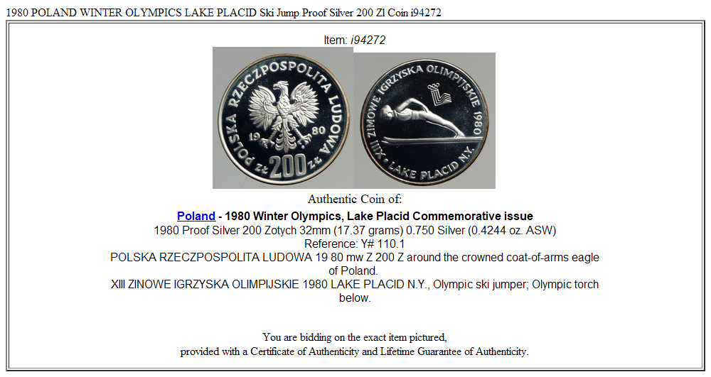 1980 POLAND WINTER OLYMPICS LAKE PLACID Ski Jump Proof Silver 200 Zl Coin i94272