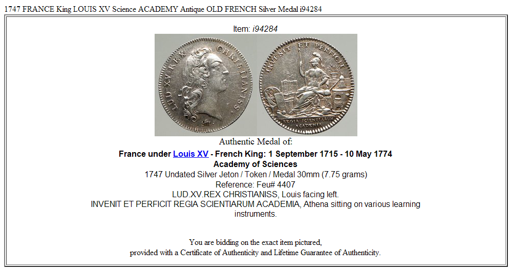 1747 FRANCE King LOUIS XV Science ACADEMY Antique OLD FRENCH Silver Medal i94284