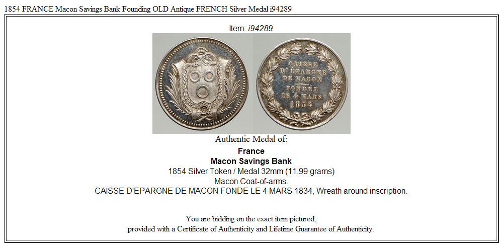 1854 FRANCE Macon Savings Bank Founding OLD Antique FRENCH Silver Medal i94289