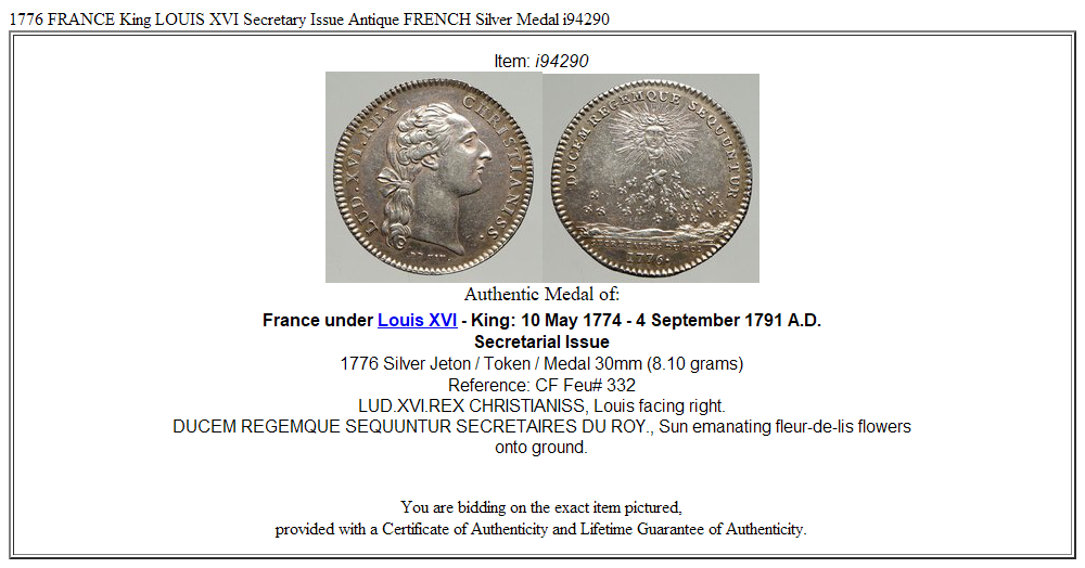 1776 FRANCE King LOUIS XVI Secretary Issue Antique FRENCH Silver Medal i94290