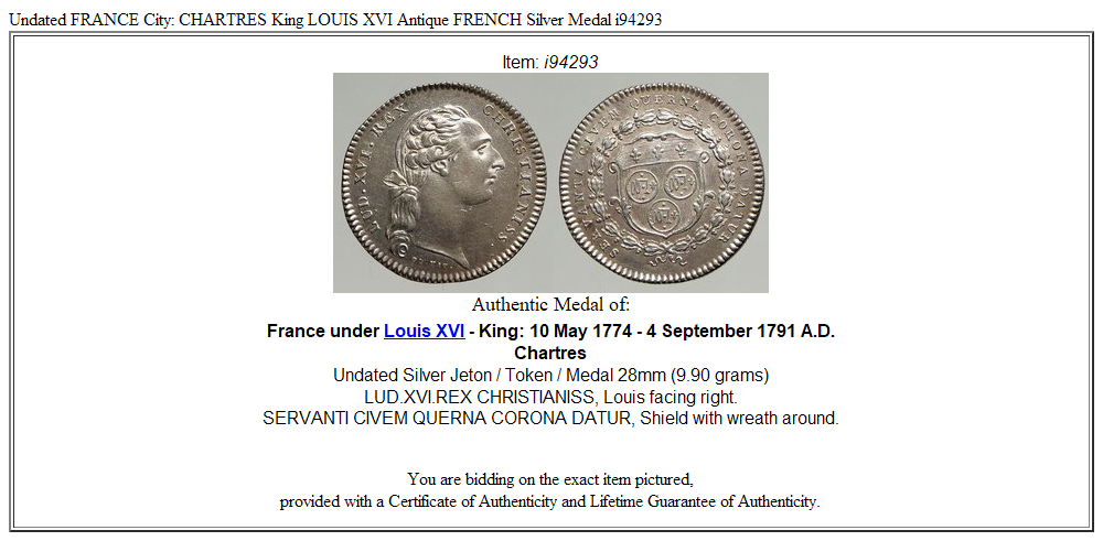 Undated FRANCE City: CHARTRES King LOUIS XVI Antique FRENCH Silver Medal i94293