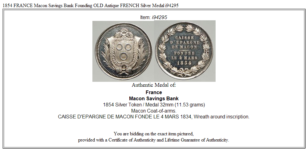 1854 FRANCE Macon Savings Bank Founding OLD Antique FRENCH Silver Medal i94295