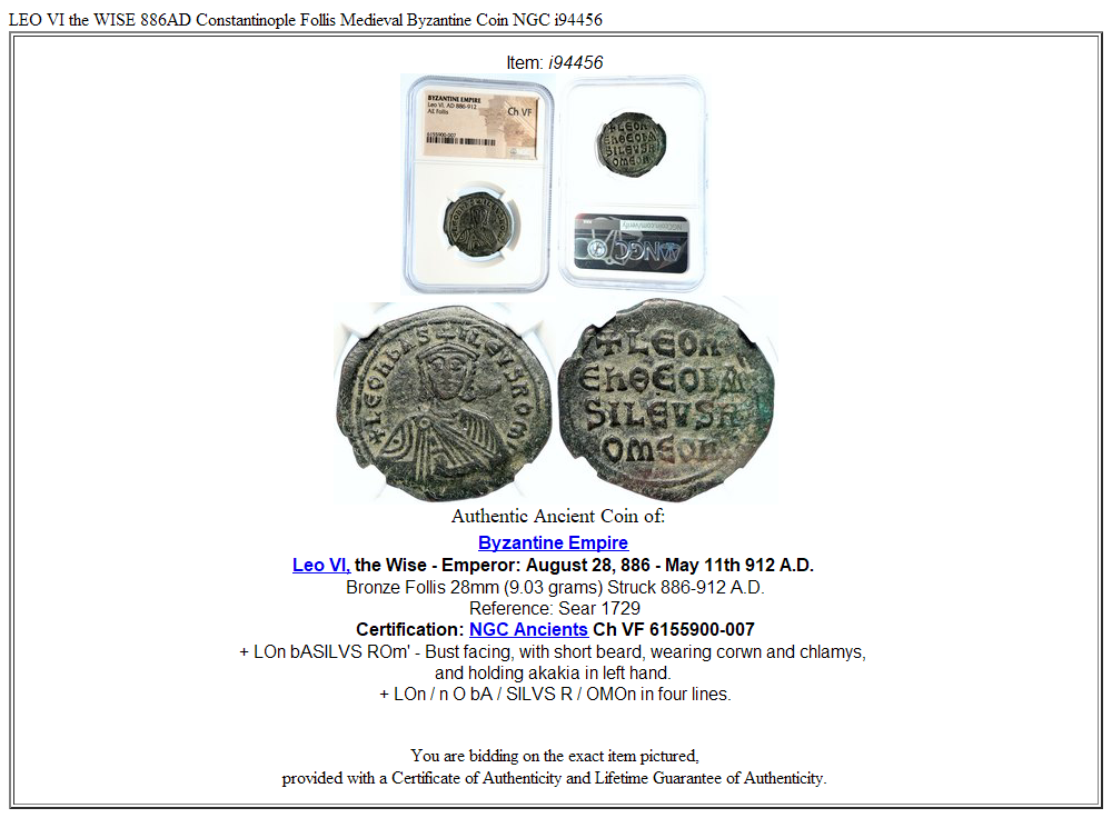 LEO VI the WISE 886AD Constantinople Follis Medieval Byzantine Coin NGC i94456