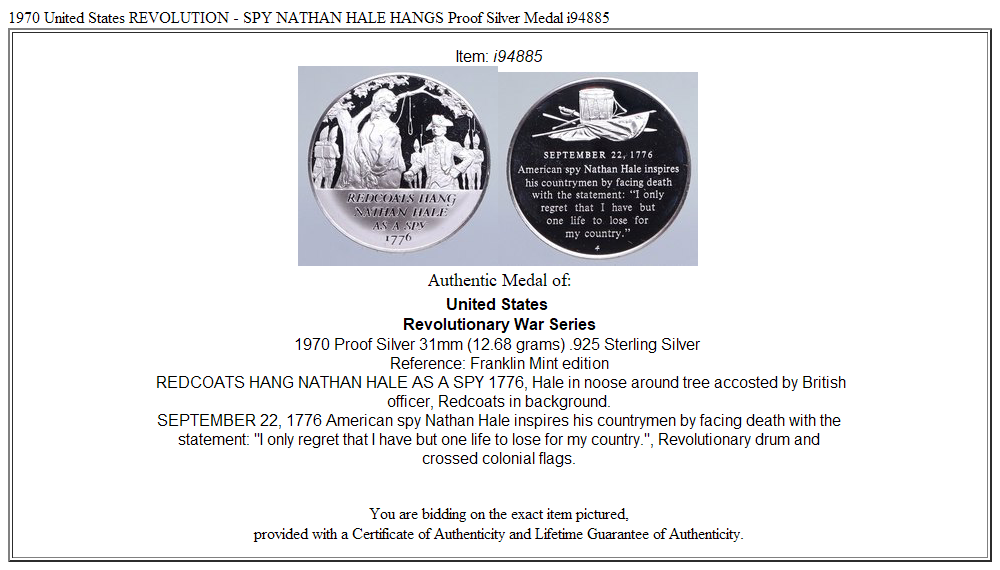 1970 United States REVOLUTION - SPY NATHAN HALE HANGS Proof Silver Medal i94885