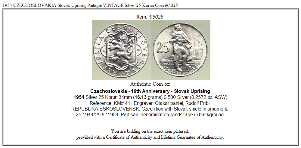 1954 CZECHOSLOVAKIA Slovak Uprising Antique VINTAGE Silver 25 Korun Coin i95025