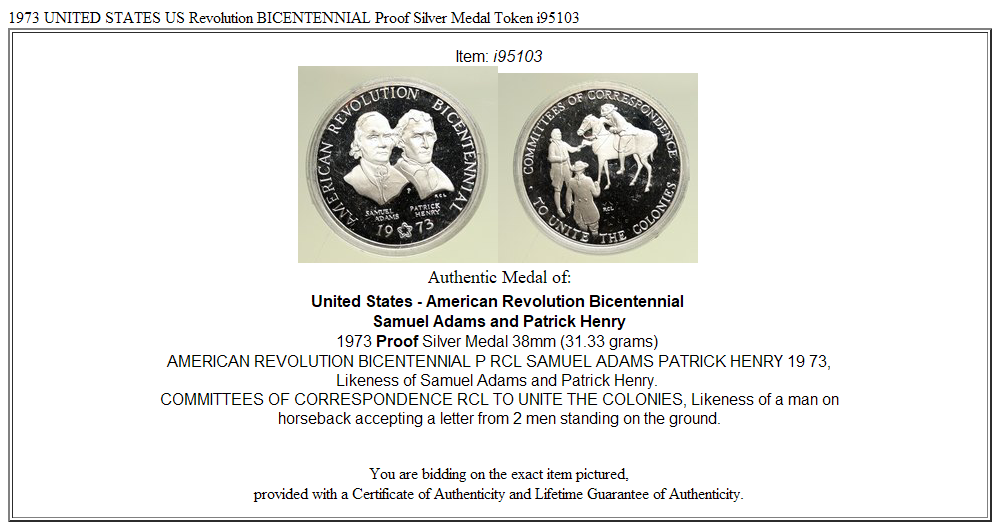 1973 UNITED STATES US Revolution BICENTENNIAL Proof Silver Medal Token i95103