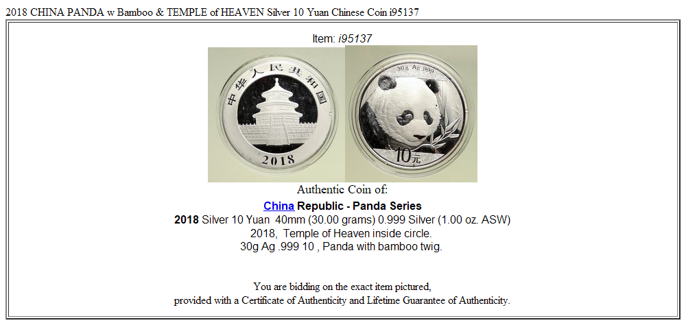 2018 CHINA PANDA w Bamboo & TEMPLE of HEAVEN Silver 10 Yuan Chinese Coin i95137