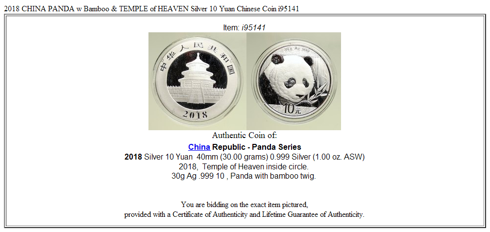 2018 CHINA PANDA w Bamboo & TEMPLE of HEAVEN Silver 10 Yuan Chinese Coin i95141