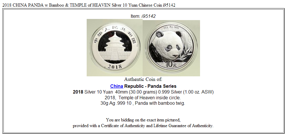 2018 CHINA PANDA w Bamboo & TEMPLE of HEAVEN Silver 10 Yuan Chinese Coin i95142