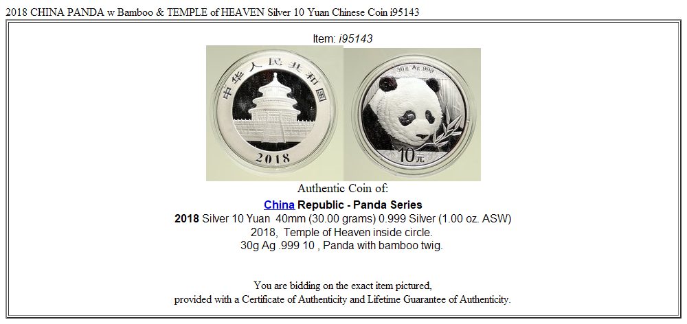 2018 CHINA PANDA w Bamboo & TEMPLE of HEAVEN Silver 10 Yuan Chinese Coin i95143