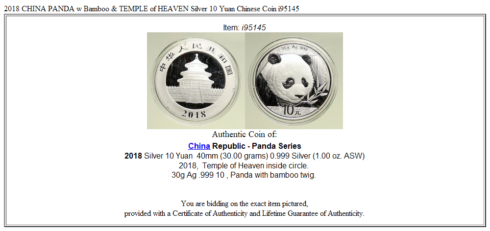 2018 CHINA PANDA w Bamboo & TEMPLE of HEAVEN Silver 10 Yuan Chinese Coin i95145