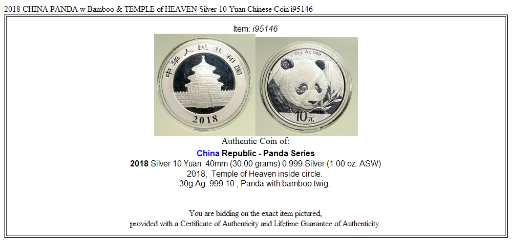 2018 CHINA PANDA w Bamboo & TEMPLE of HEAVEN Silver 10 Yuan Chinese Coin i95146