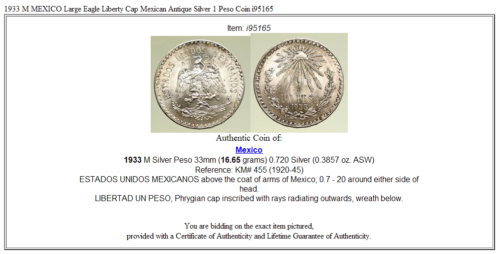 1933 M MEXICO Large Eagle Liberty Cap Mexican Antique Silver 1 Peso Coin i95165