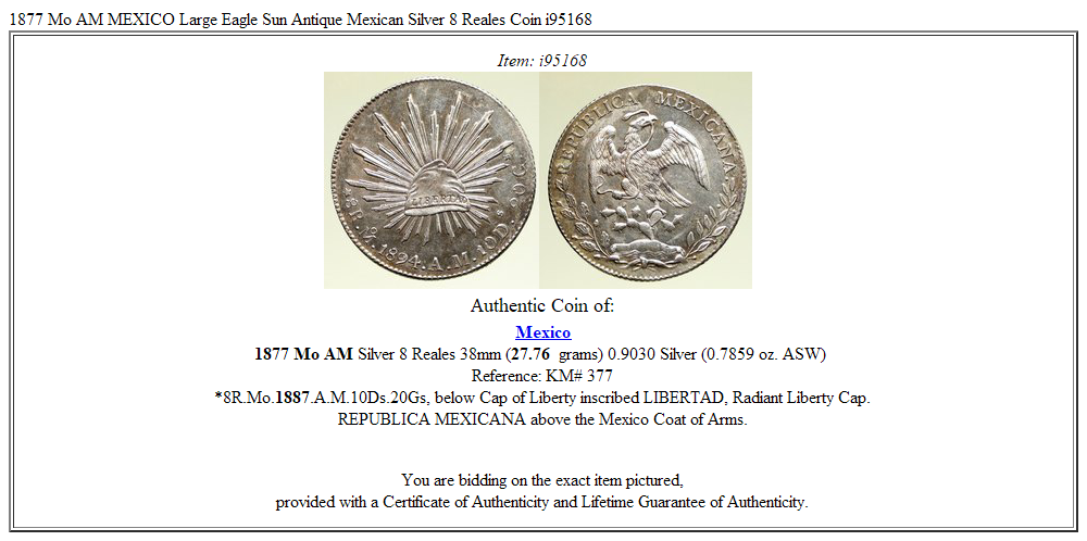 1877 Mo AM MEXICO Large Eagle Sun Antique Mexican Silver 8 Reales Coin i95168