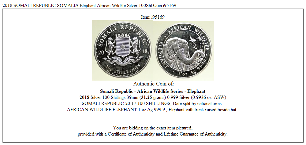 2018 SOMALI REPUBLIC SOMALIA Elephant African Wildlife Silver 100Shl Coin i95169