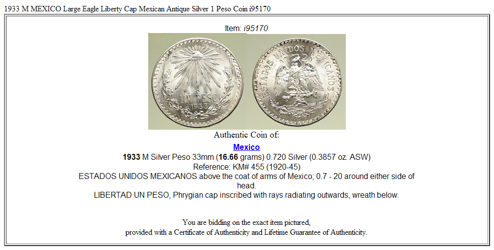 1933 M MEXICO Large Eagle Liberty Cap Mexican Antique Silver 1 Peso Coin i95170