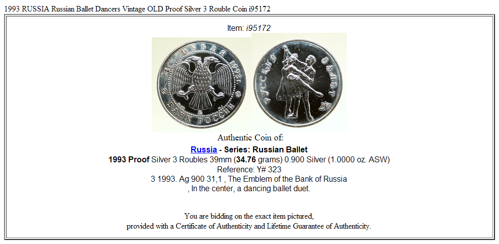 1993 RUSSIA Russian Ballet Dancers Vintage OLD Proof Silver 3 Rouble Coin i95172