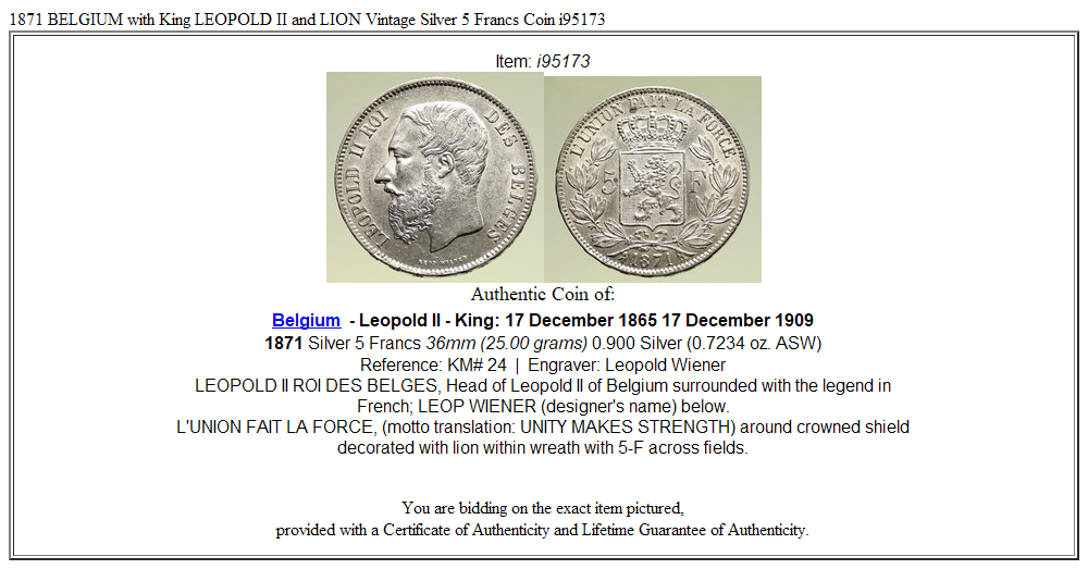 1871 BELGIUM with King LEOPOLD II and LION Vintage Silver 5 Francs Coin i95173