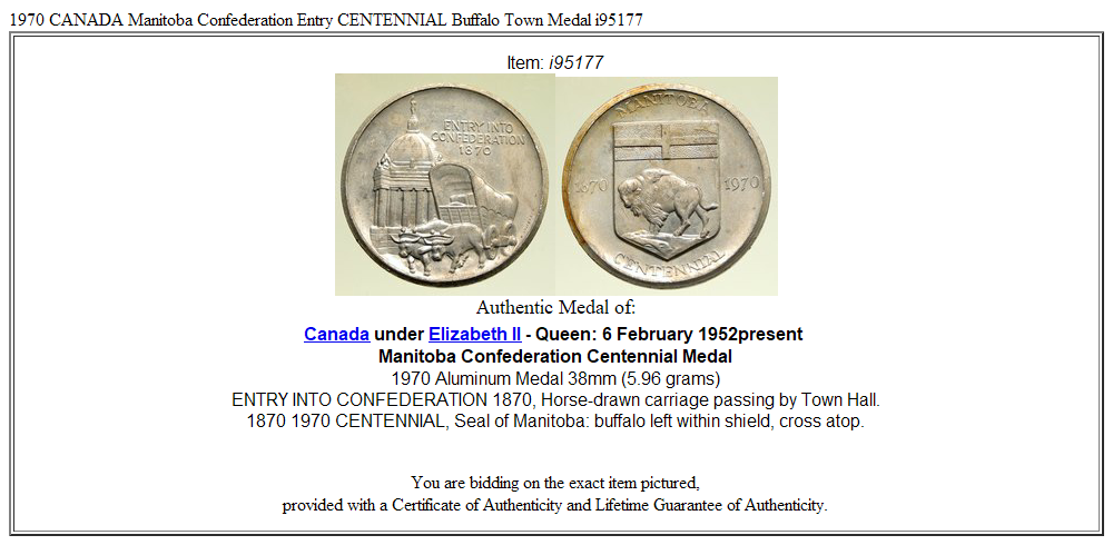 1970 CANADA Manitoba Confederation Entry CENTENNIAL Buffalo Town Medal i95177