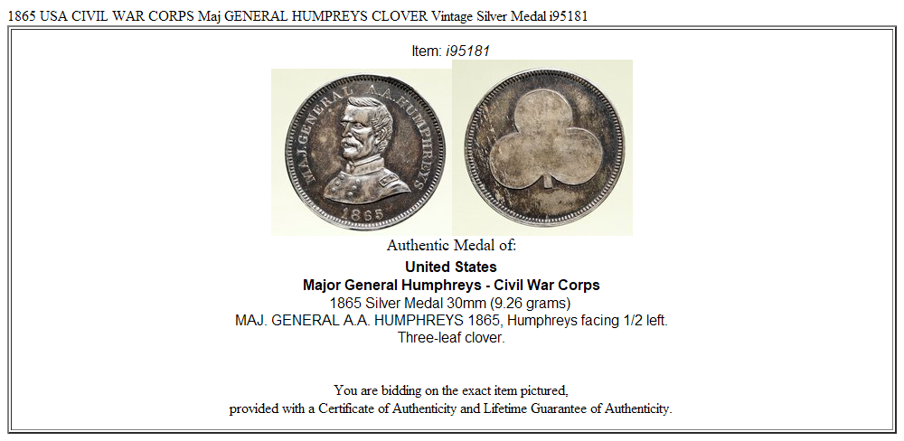 1865 USA CIVIL WAR CORPS Maj GENERAL HUMPREYS CLOVER Vintage Silver Medal i95181