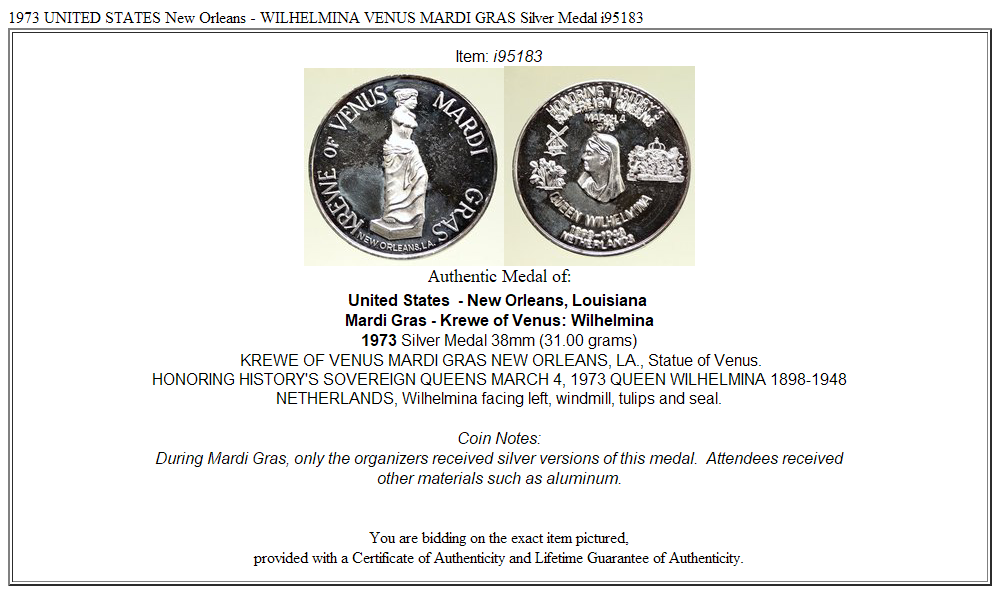 1973 UNITED STATES New Orleans - WILHELMINA VENUS MARDI GRAS Silver Medal i95183