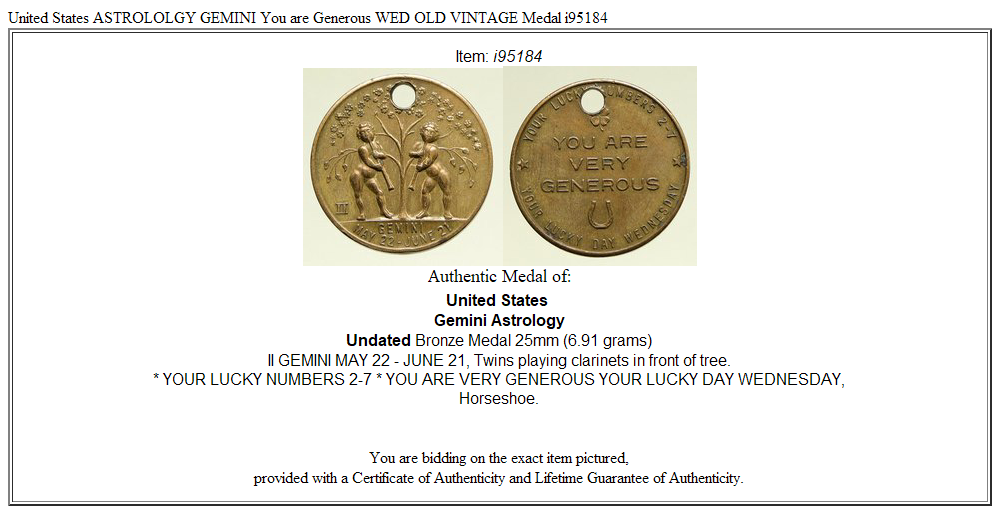 United States ASTROLOLGY GEMINI You are Generous WED OLD VINTAGE Medal i95184