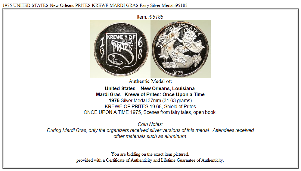 1975 UNITED STATES New Orleans PRITES KREWE MARDI GRAS Fairy Silver Medal i95185