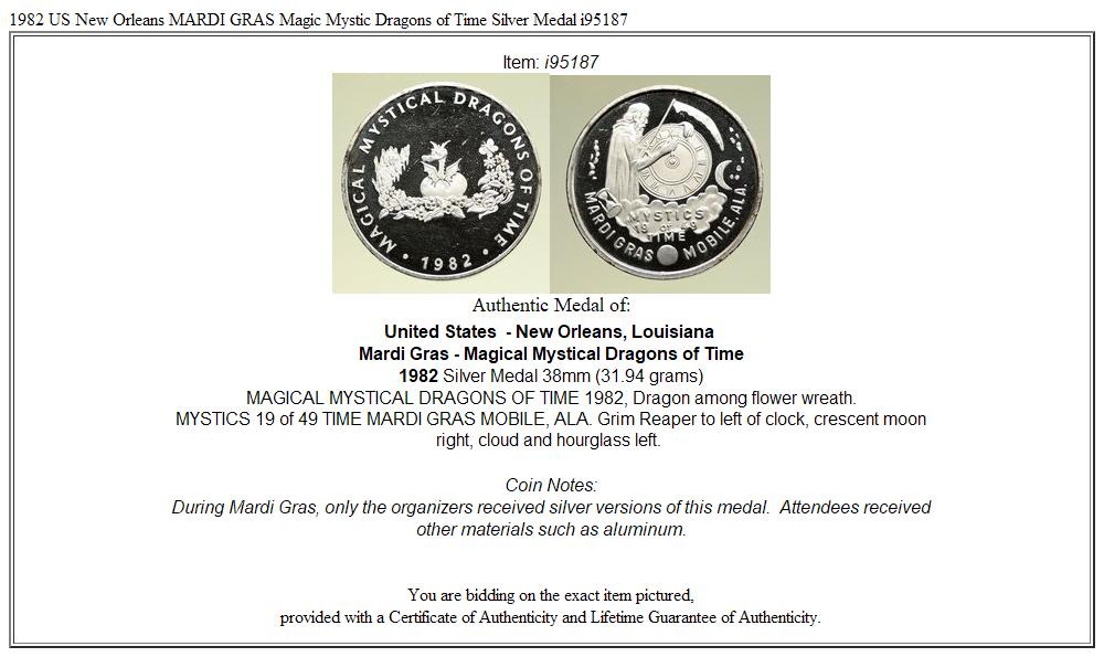 1982 US New Orleans MARDI GRAS Magic Mystic Dragons of Time Silver Medal i95187