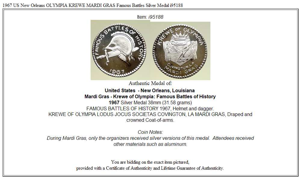 1967 US New Orleans OLYMPIA KREWE MARDI GRAS Famous Battles Silver Medal i95188