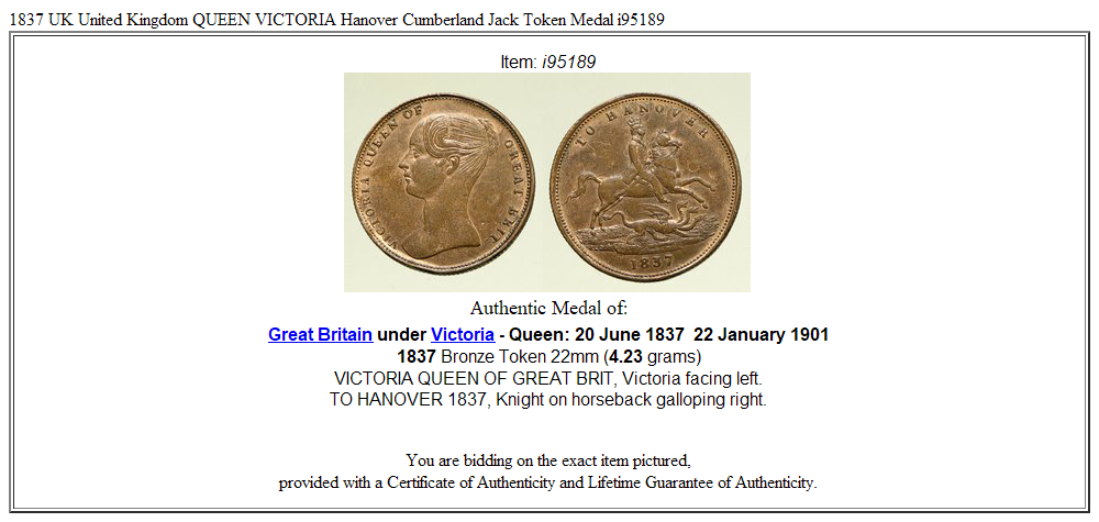 1837 UK United Kingdom QUEEN VICTORIA Hanover Cumberland Jack Token Medal i95189