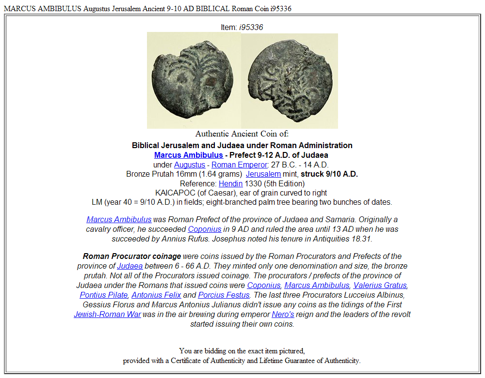 MARCUS AMBIBULUS Augustus Jerusalem Ancient 9-10 AD BIBLICAL Roman Coin i95336