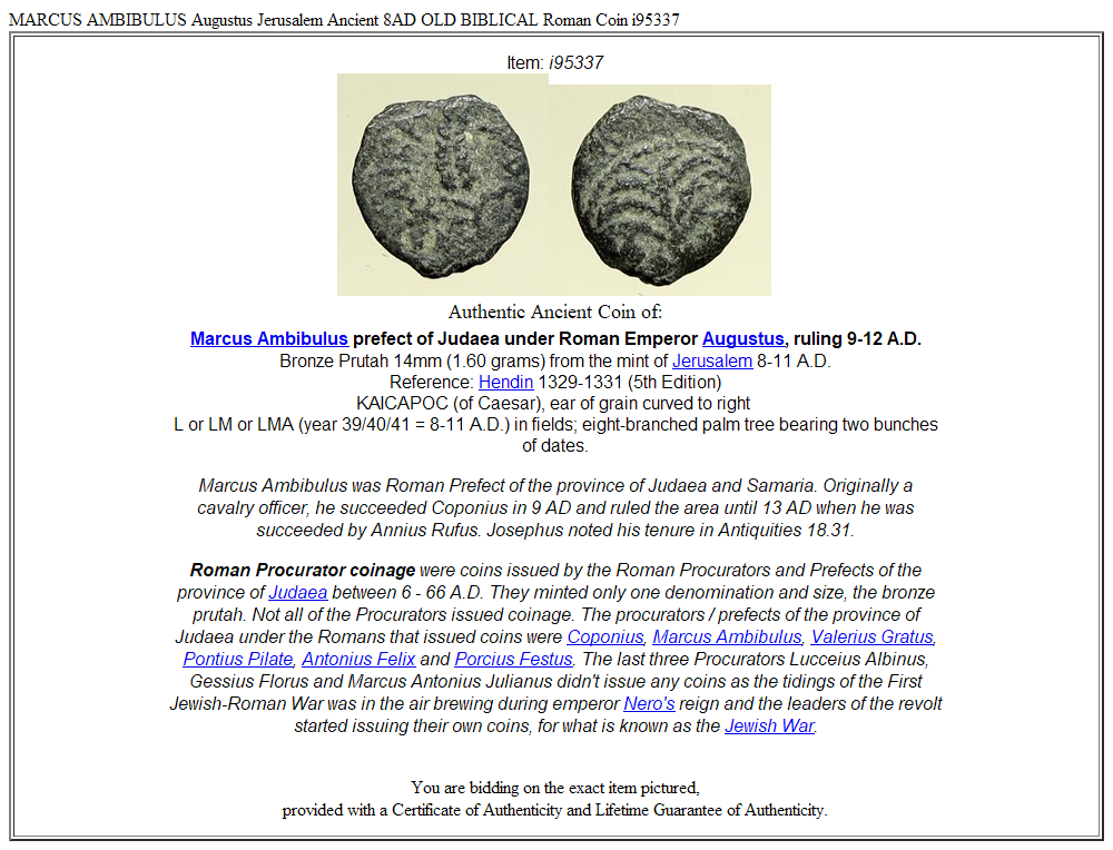 MARCUS AMBIBULUS Augustus Jerusalem Ancient 8AD OLD BIBLICAL Roman Coin i95337