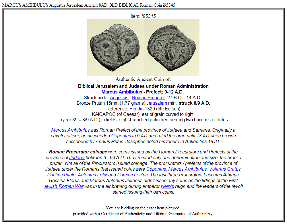 MARCUS AMBIBULUS Augustus Jerusalem Ancient 8AD OLD BIBLICAL Roman Coin i95345