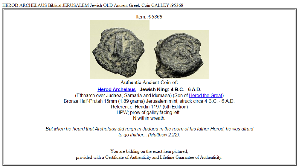 HEROD ARCHELAUS Biblical JERUSALEM Jewish OLD Ancient Greek Coin GALLEY i95368