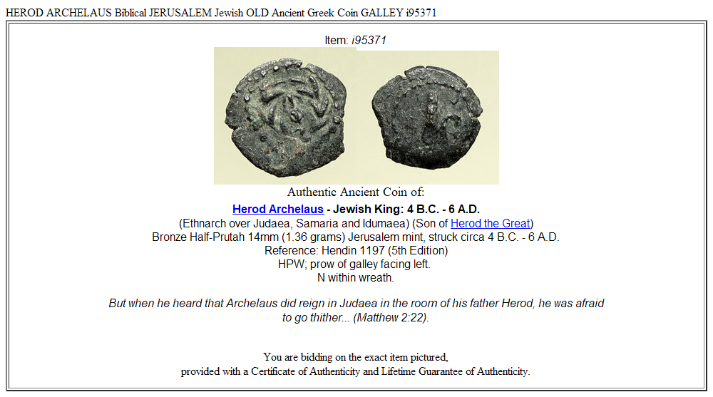 HEROD ARCHELAUS Biblical JERUSALEM Jewish OLD Ancient Greek Coin GALLEY i95371