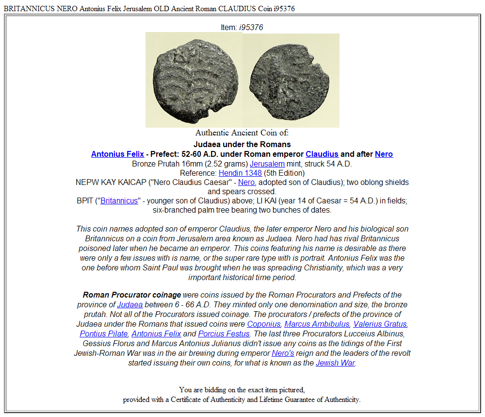 BRITANNICUS NERO Antonius Felix Jerusalem OLD Ancient Roman CLAUDIUS Coin i95376