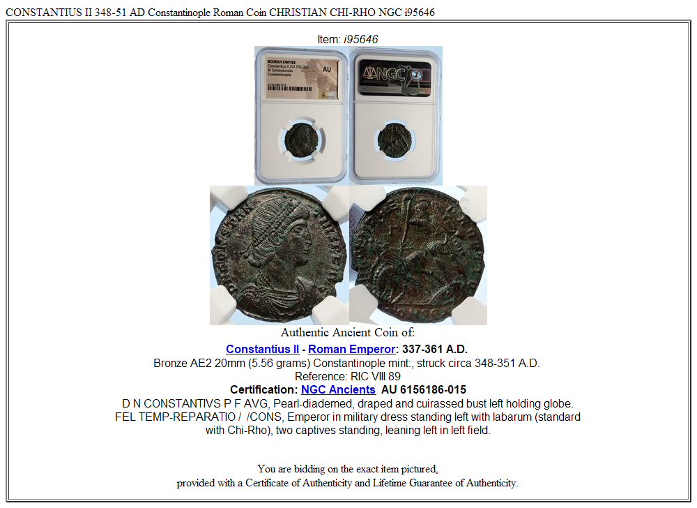 CONSTANTIUS II 348-51 AD Constantinople Roman Coin CHRISTIAN CHI-RHO NGC i95646