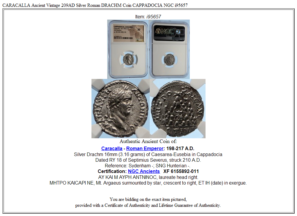 CARACALLA Ancient Vintage 209AD Silver Roman DRACHM Coin CAPPADOCIA NGC i95657