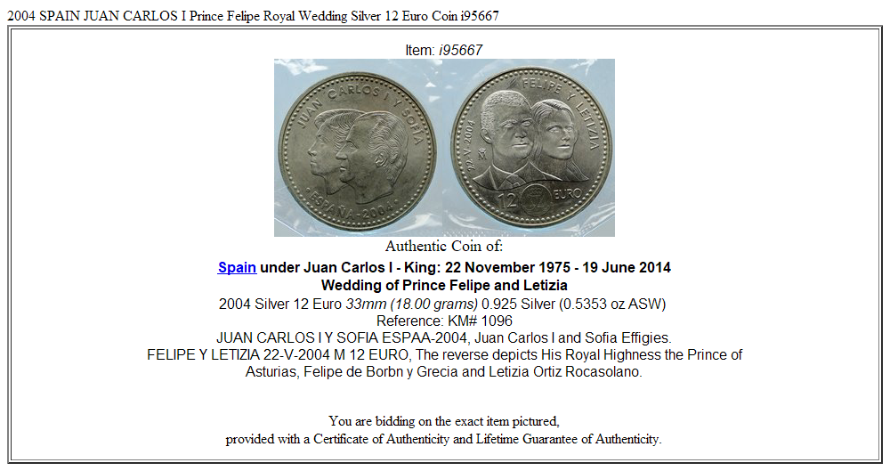 2004 SPAIN JUAN CARLOS I Prince Felipe Royal Wedding Silver 12 Euro Coin i95667